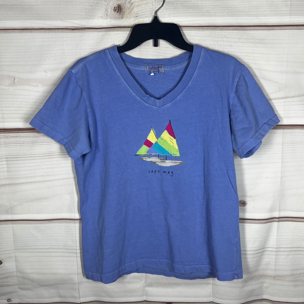 Fresh Produce Cape May T-Shirt Womens Small Blue Graphic Sailboat V-Neck Cotton